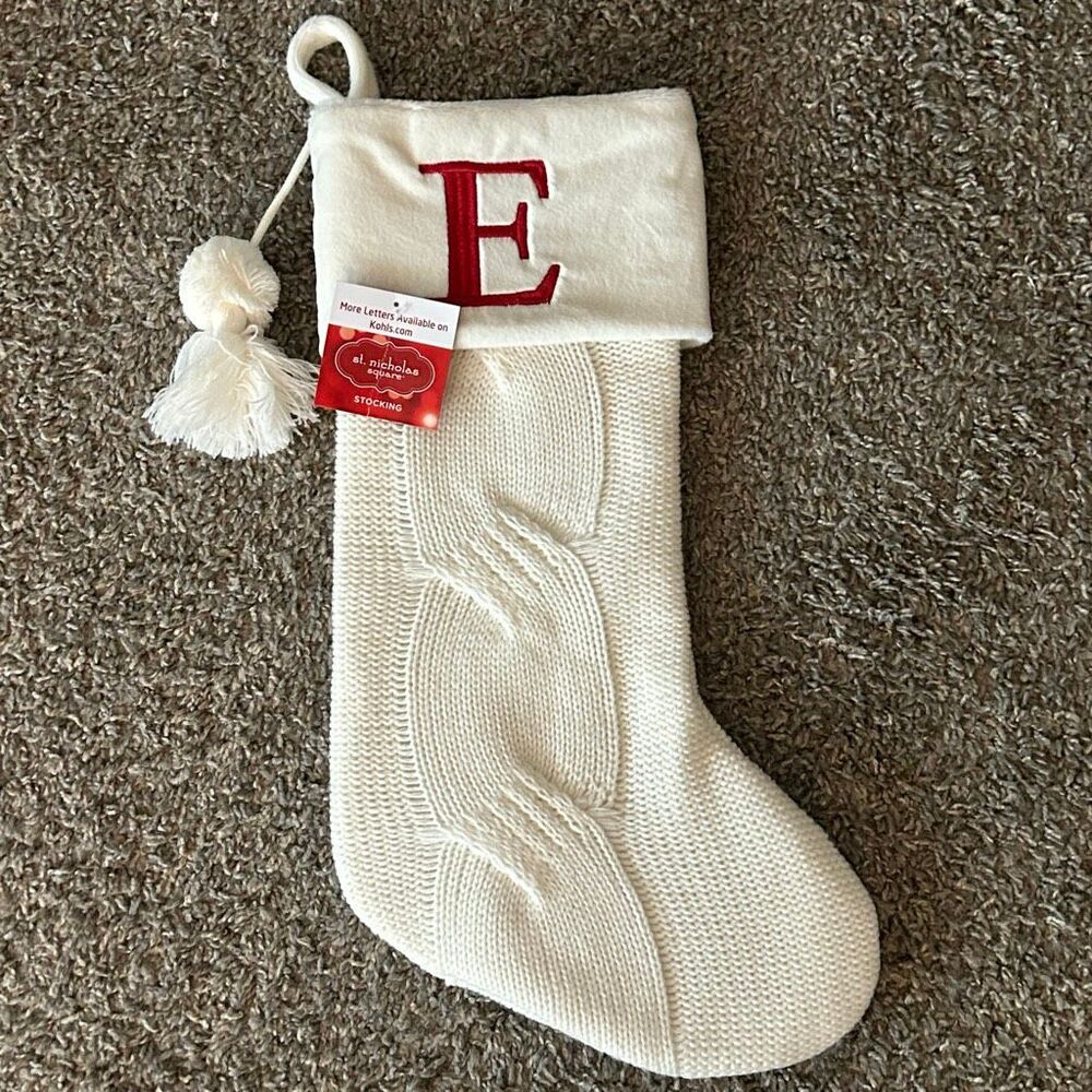 Winter White Knit Christmas Stocking 21” Monogram Initial E | w Plush Cuff NEW